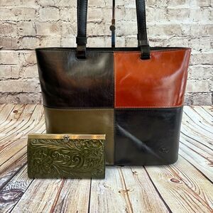 Patricia Nash Bundle Tooled Cauchy Wallet Braden Tote Colorblock Olive Leather